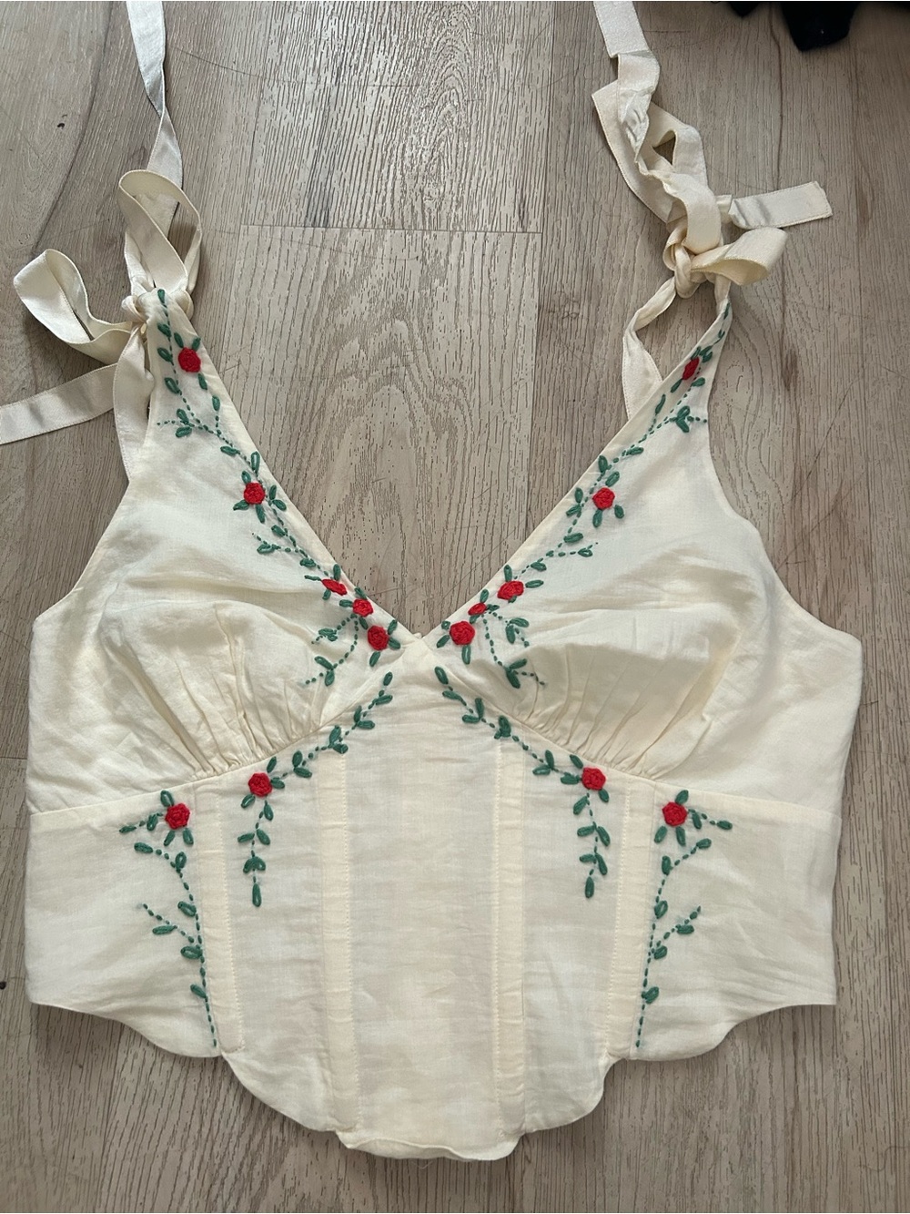 LPA White Embroidered V-Neck Corset Camisole with Red & Green Floral Detail - Picture 2 of 7